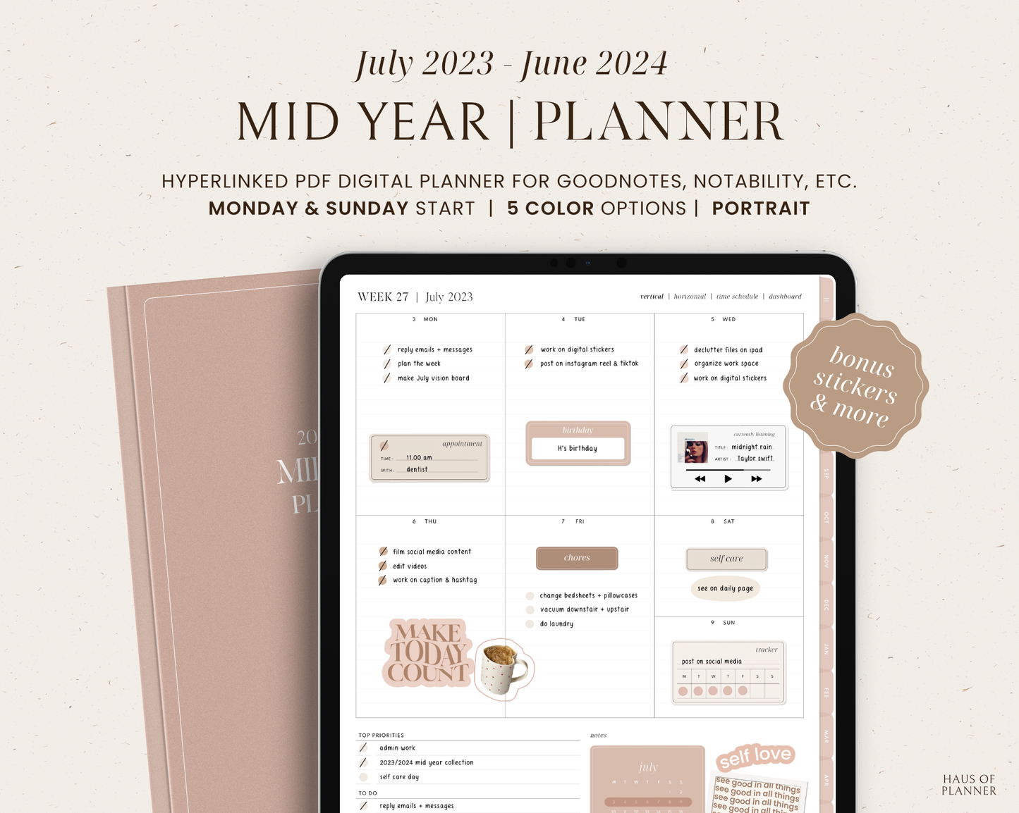2023/2024 Mid Year Digital Planner | Portrait