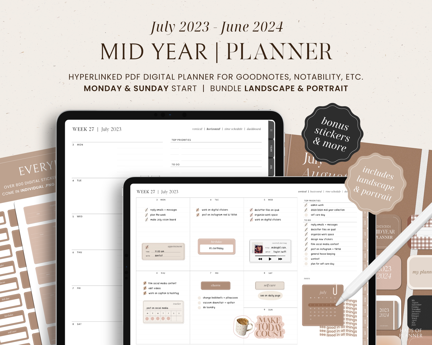 2023/2024 Mid Year Digital Planner | Bundle Landscape & Portrait