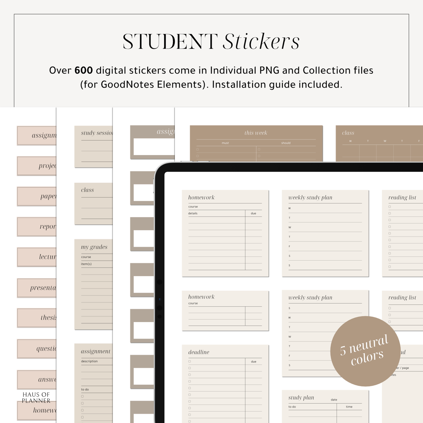 Student Digital Stickers | 5 Neutral Colors